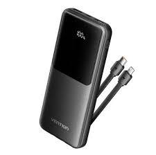 Vention 10000mAh Power Bank (Micro-USB + USB-C + USB-A + USB-A) with Integrated USB-C and Lightning Cables 22.5W Black LED Display Type,FHOB0