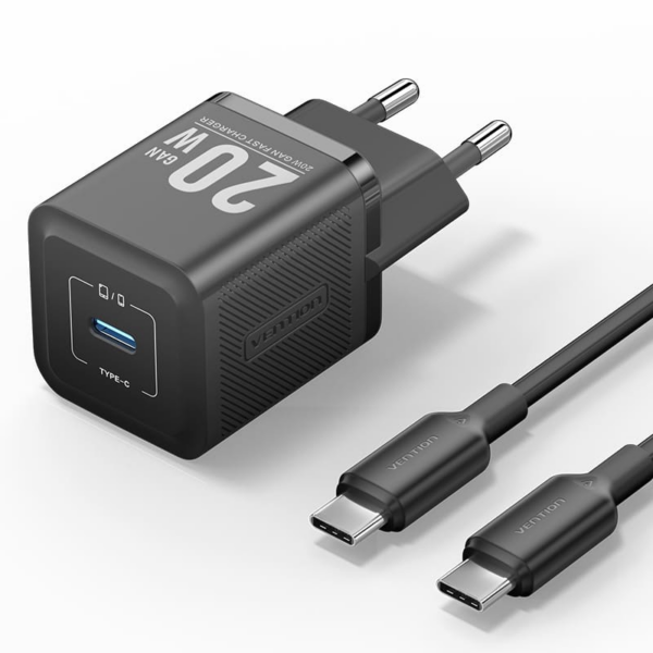 Vention 1-Port USB-C GaN Charger (20W) with USB-C to USB-C Cable (1M) UK-Plug Black