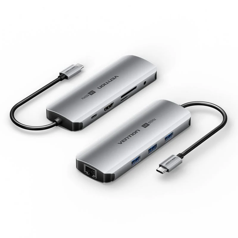Vention USB C Multi-function 9 in 1 Docking Station to HDMI/USB 3.0 x 3/RJ45/SD/TF/TRRS 3.5mm/PD Docking Station 0.15M Gray Aluminum Alloy Type